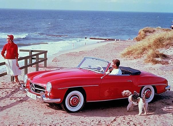 Mercedes-Benz 190 SL (W 121, 1955 bis 1963). Zeitgenössisches Werbefoto aus den 1950er-Jahren auf der Insel Sylt.